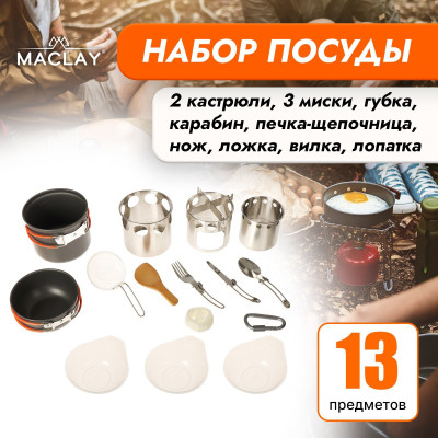 Набор туристической посуды Maclay: 2 кастрюли, приборы, печка-щепочница, карабин, 3 миски